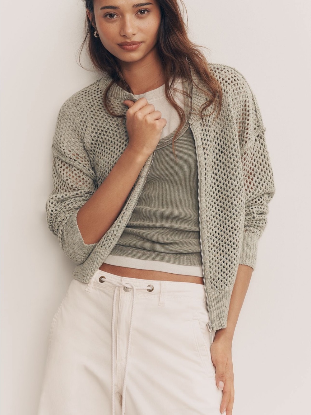 Open-Knit Powdered Sage Zip Cardigan - Women XXS